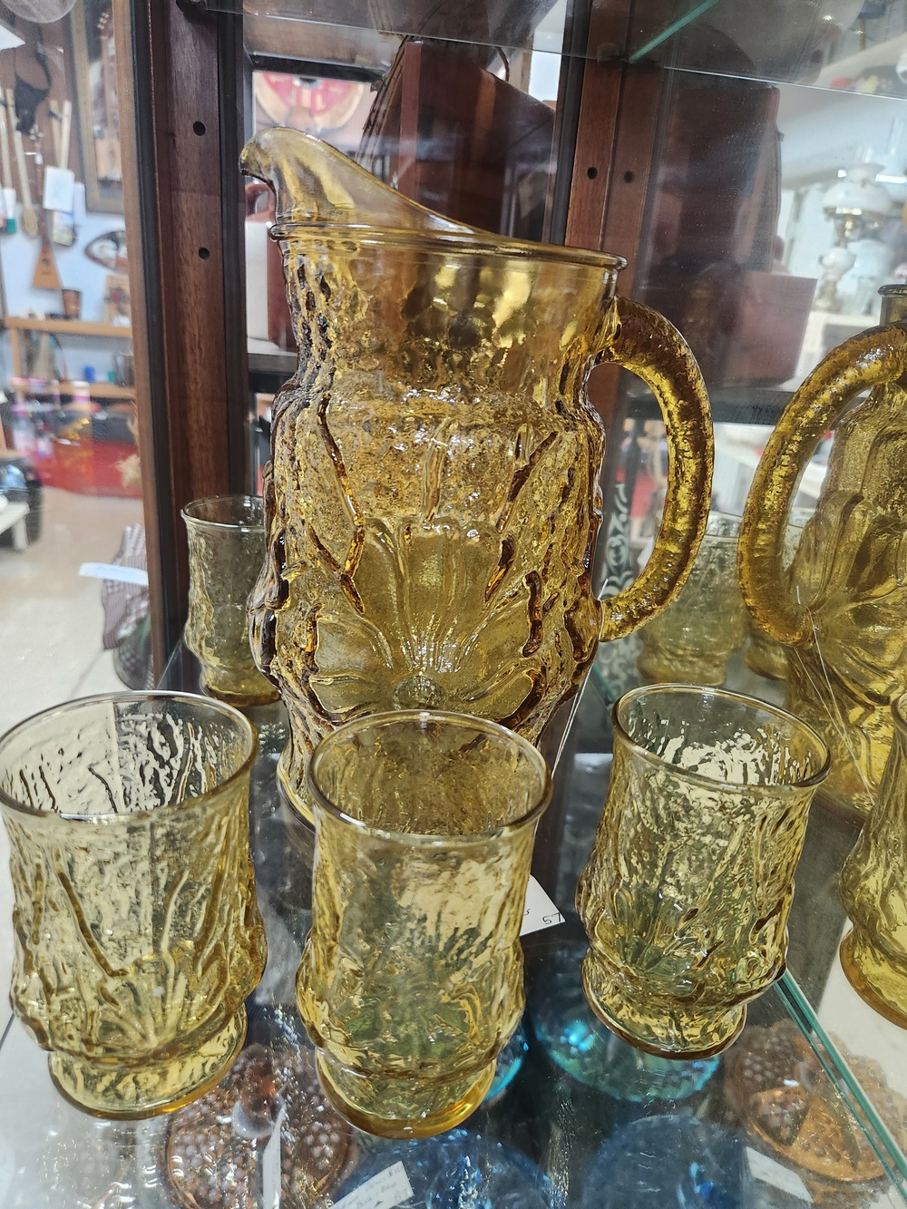 Amber Textured Glass Pitcher and Tumblers By Anchor Hocking